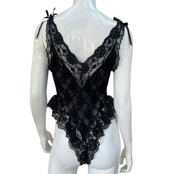 Vintage 80’s 90’s Black Lace Teddy One Piece Bodysuit Lingerie Small Hi-Cut - Picture 7 of 10